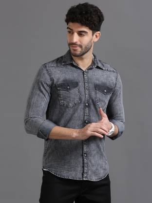 PRINTOUT Men Solid, Dyed/Ombre Casual Grey Shirt