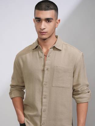 HIGHLANDER Men Solid Casual Beige Shirt