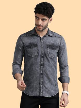 PRINTOUT Men Solid Casual Grey Shirt