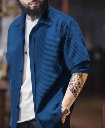 SHIMAK Men Self Design Casual Dark Blue Shirt