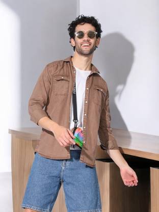 Denimod Men Solid Casual Brown Shirt