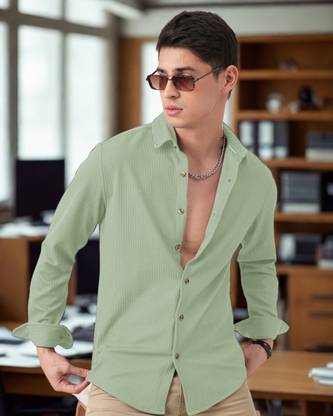 INDICLUB Men Self Design Casual Light Green Shirt