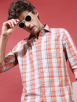 HIGHLANDER Men Checkered Casual Orange Shirt