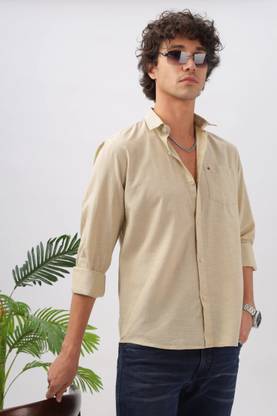 BS BLUE SQUAD Men Solid Casual Beige Shirt