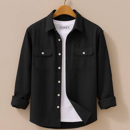 FOXEY Men Solid Casual Black Shirt