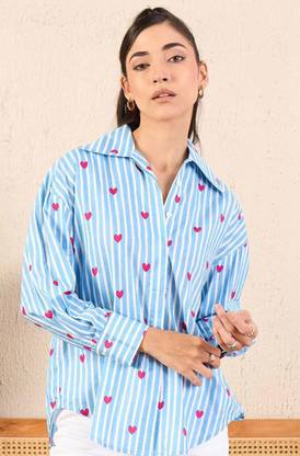 Herway Women Printed Casual Light Blue Shirt