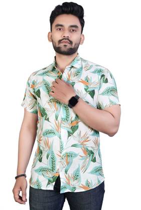 Men Printed Casual White, Green Shirt