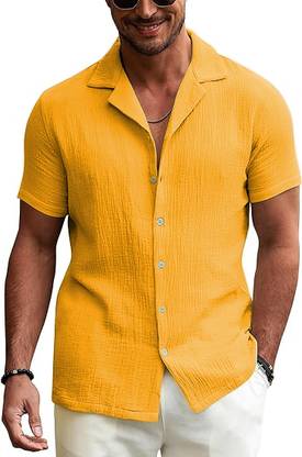 INDICLUB Men Solid Casual Yellow Shirt