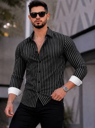 Men Slim Fit Striped Spread Collar Casual Shirt