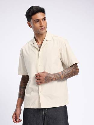 Glitchez Men Solid Casual Beige Shirt