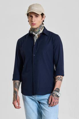 Snitch Men Solid Casual Dark Blue Shirt