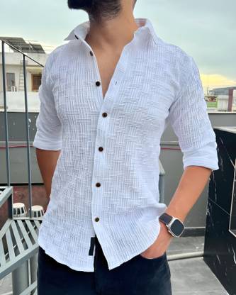 SHIRTLY Men Self Design Casual White Shirt