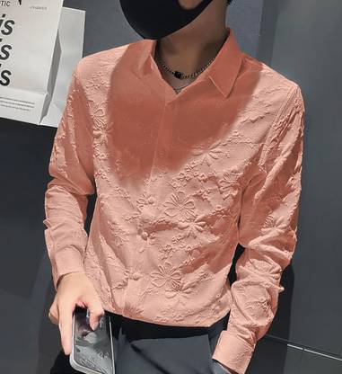 Fashionable Village Men Solid Casual Pink Shirt