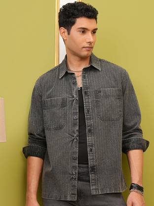 LOCOMOTIVE Men Striped Casual Black Shirt