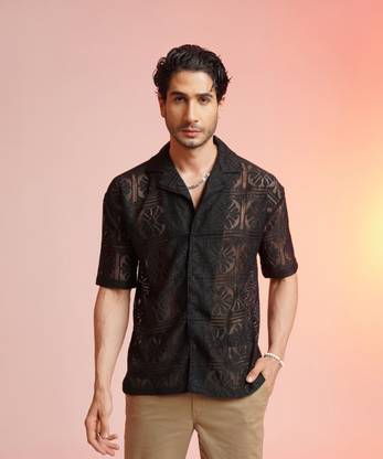 CLUBLAVISH Men Self Design Casual Black Shirt