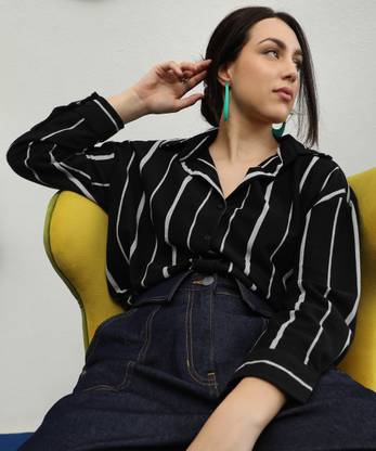 Pinacolada Women Striped Casual Black, White Shirt