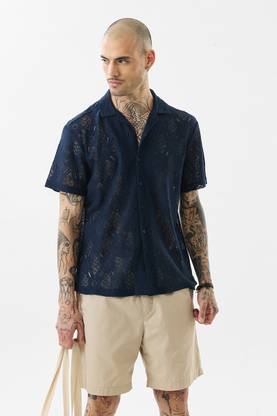 Snitch Men Self Design Casual Dark Blue Shirt