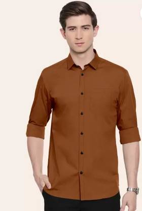 THREADDZILLAA Men Solid Casual Brown Shirt