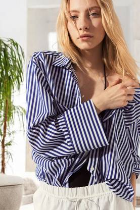 METRONAUT Women Striped Casual Blue Shirt