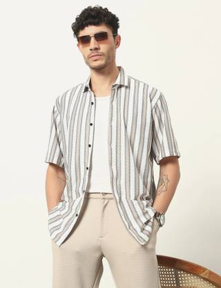 WOXEN Men Striped Casual White Shirt