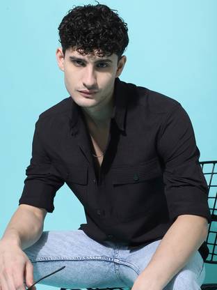 Voroxy Men Self Design Casual Black Shirt