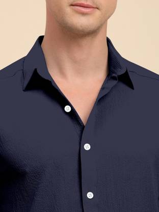 Voroxy Men Solid Casual Dark Blue Shirt