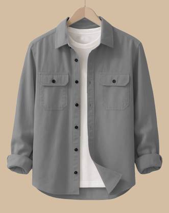 DEEMOON Men Solid Casual Grey Shirt