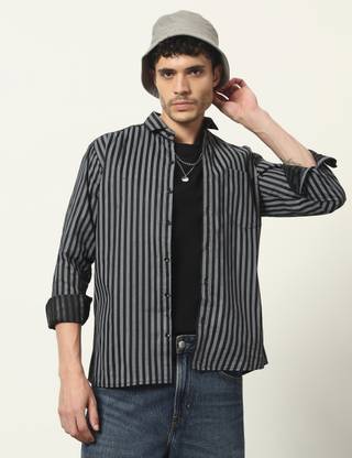 WOXEN Men Striped Casual Grey Shirt