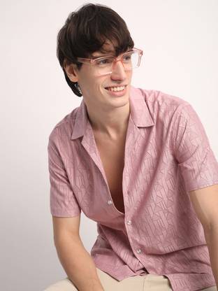 Voroxy Men Printed Casual Pink Shirt