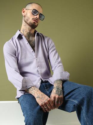 Voroxy Men Solid Casual Purple Shirt