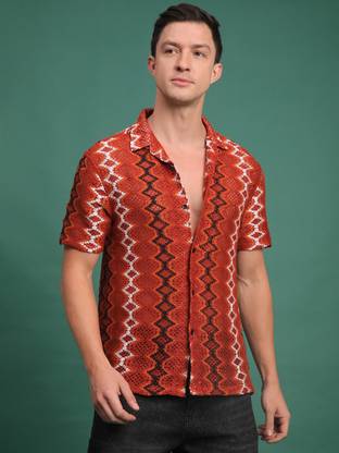 Voroxy Men Striped Casual Orange Shirt