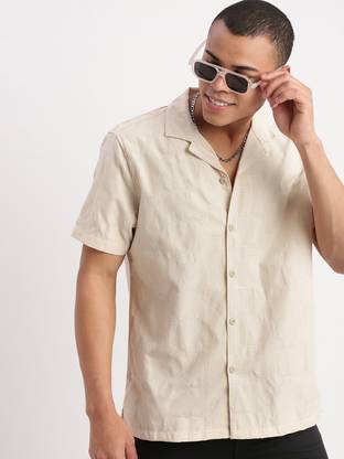 SHOWOFFFF Men Self Design Casual Beige Shirt