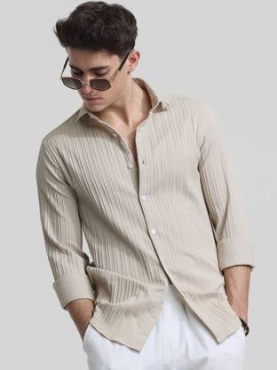 ALMORA Men Self Design Casual Beige Shirt