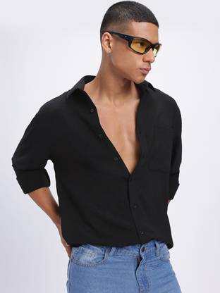Glitchez Men Solid Casual Black Shirt