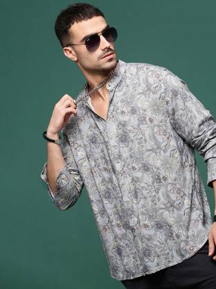 SHOWOFFFF Men Floral Print Casual Grey Shirt