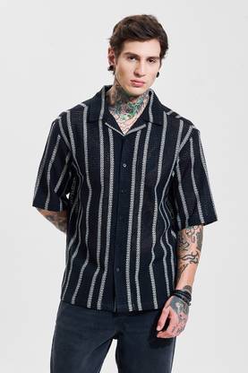 Snitch Men Striped Casual Black Shirt