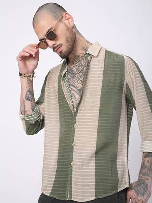 VASTRADO Men Striped Casual Green, Beige Shirt