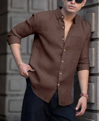 Vraj Shopee Men Self Design Casual Brown Shirt