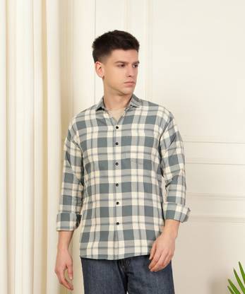 WOXEN Men Checkered Casual Grey, Cream Shirt