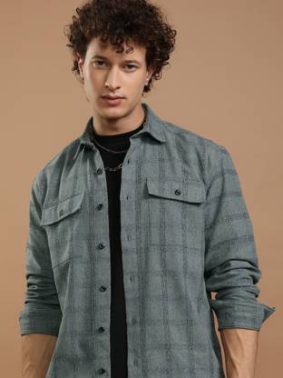 HIGHLANDER Men Checkered Casual Grey Shirt