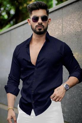 VELLOSTA Men Self Design Casual Dark Blue Shirt