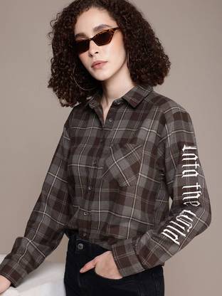 Roadster Women Checkered Casual Grey Shirt