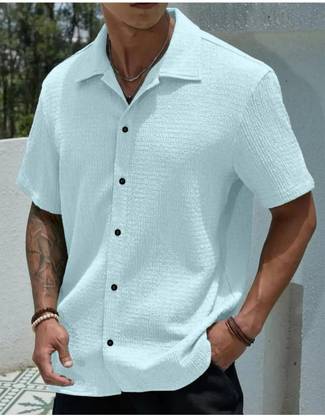 Solbiza Men Self Design Casual Light Blue Shirt