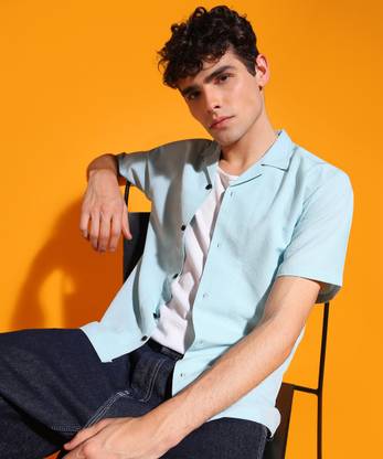 INDICLUB Men Self Design Casual Light Blue Shirt