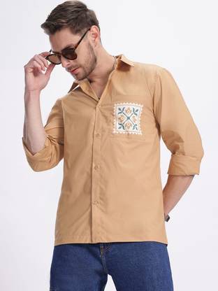 Glitchez Men Solid Casual Brown Shirt