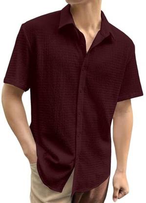 COMBRAIDED Men Self Design Casual Maroon Shirt
