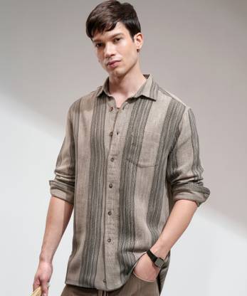 HIGHLANDER Men Striped Casual Beige, Black Shirt