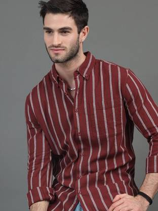 HERE&NOW Men Striped Casual Maroon Shirt