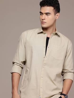 BS BLUE SQUAD Men Solid Casual Beige Shirt