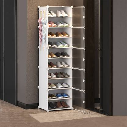 KUBER INDUSTRIES 10-Tier Foldable Shoes Rack Cabinet With Lids | White Plastic Collapsible Shoe Stand